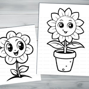 Kawaii flowers PDF coloring book Printable colouring pages for kids Cartoon potted flower, sunflower, houseplant thick outlines image 4