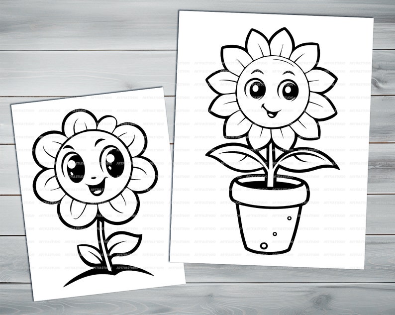 Kawaii flowers PDF coloring book Printable colouring pages for kids Cartoon potted flower, sunflower, houseplant thick outlines image 4