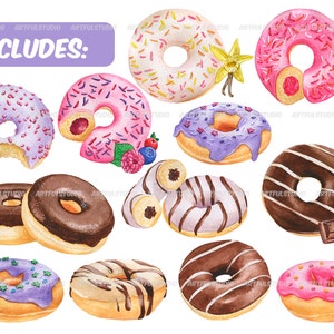 Watercolor donuts clipart sweets illustrations berry, chocolate donuts with glaze festive food, desserts, pastries-doughnut sublimation image 2