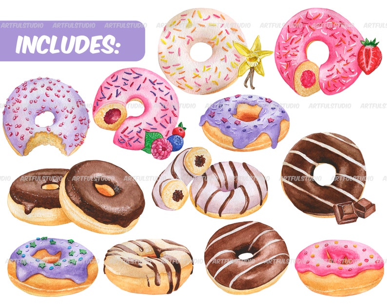 Watercolor donuts clipart sweets illustrations berry, chocolate donuts with glaze festive food, desserts, pastries-doughnut sublimation image 2