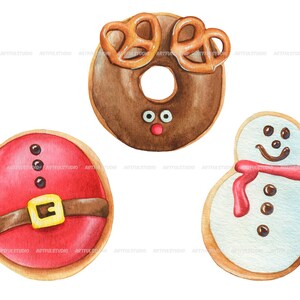 Watercolor Christmas donuts clipart snowman, santa, gift donuts, holiday food sweet, desserts, pastries, chocolate doughnut sublimation image 3