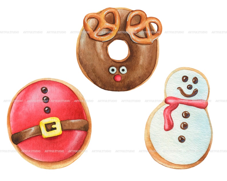 Watercolor Christmas donuts clipart snowman, santa, gift donuts, holiday food sweet, desserts, pastries, chocolate doughnut sublimation image 3