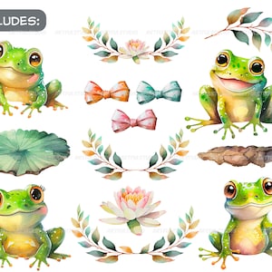 Watercolor cute baby frogs clipart-Realistic frog with flower-Baby Shower Graphics-Nursery Decor Wall Art-Woodland Animal-Amphibian portrait image 2