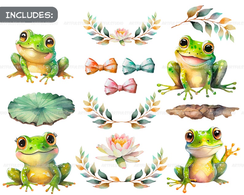 Watercolor cute baby frogs clipart-Realistic frog with flower-Baby Shower Graphics-Nursery Decor Wall Art-Woodland Animal-Amphibian portrait image 2
