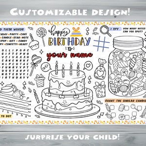 Customizable Birthday Party Placemat Happy Birthday coloring book Personalized Printable coloring page Sweets Custom Birthday Party image 3