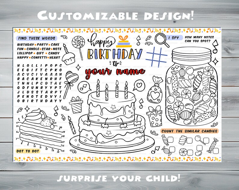 Customizable Birthday Party Placemat Happy Birthday coloring book Personalized Printable coloring page Sweets Custom Birthday Party image 3