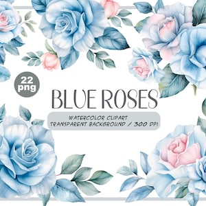 Watercolor blue delicate roses clipart flower illustration floral arrangements, dusty light blue rose pastel vintage wedding flowers image 1