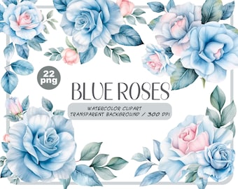 Watercolor blue delicate roses clipart - flower illustration - floral arrangements, dusty light blue rose - pastel vintage wedding flowers