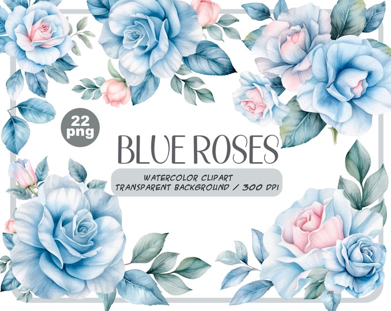 Watercolor blue delicate roses clipart flower illustration floral arrangements, dusty light blue rose pastel vintage wedding flowers image 1