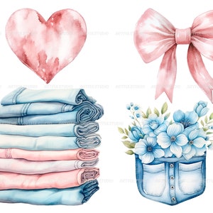 Watercolor love denim clipart denim items: clothing, jeans, shirt, bag, sneakers blue and pink denim fashion blue flowers jeans PNG image 6