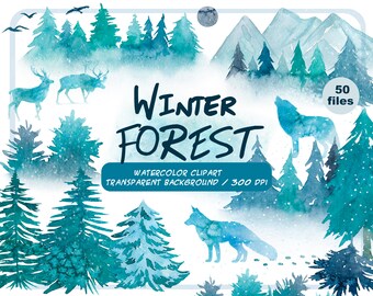 Aquarell Winterwald Clipart - Silhouetten, Weihnachtsbäume, Waldtiere, Berge Illustration PNG-Weihnachtskompositionen, Hochzeit