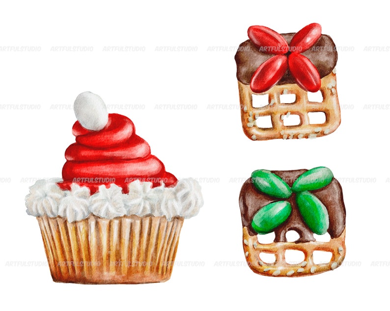 Watercolor Christmas sweets clipart snowman holiday food winter sweet, desserts, hot chocolate, cupcakes, candy, cookies sublimation image 7