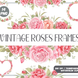 Marcos de rosas vintage en acuarela, imágenes prediseñadas, arreglos florales, corona floral rosa, esquinas de marcos vintage, corazón, marco circular, borde de rosas