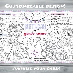 Customizable princess Party Placemat Happy Birthday coloring book Personalized Printable coloring page Little girl Custom Birthday Party image 3