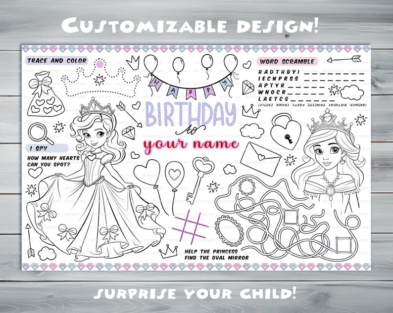 Customizable princess Party Placemat Happy Birthday coloring book Personalized Printable coloring page Little girl Custom Birthday Party image 3