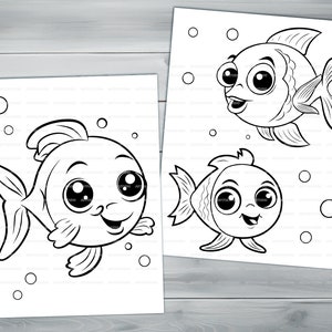 Kawaii fish PDF coloring book Printable colouring pages for kids Cartoon cute small fish, underwater scene, goldfish thick outlines image 4