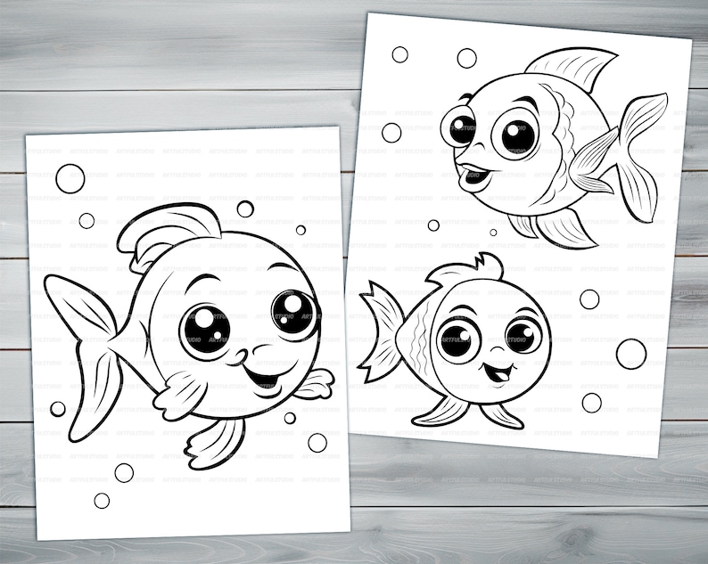 Kawaii fish PDF coloring book Printable colouring pages for kids Cartoon cute small fish, underwater scene, goldfish thick outlines image 4