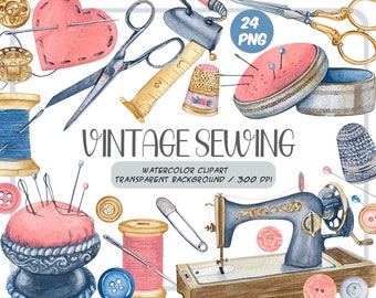 Watercolor vintage sewing clipart - sewing hobby - retro sewing machine - antique sewing accessories -old scissors png - Handmade essentials