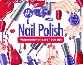 Watercolor nail polish clipart - manicure graphic-beautiful nails, women's hands, beauty and health, self-care illustration, purple and red