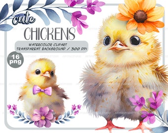 Watercolor cute baby chickens clipart-Realistic chicks with flower-Baby Shower Graphics-Nursery Decor-Farm Animal-spring easter illustration