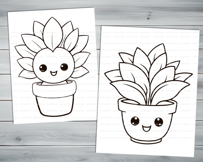 Anime kawaii plants PDF coloring book Printable colouring pages for little kids cartoon funny characters thick outlines houseplants image 6