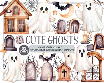 Aquarell süße Geister Clipart - Halloween kawaii Party Dekor Illustration - Kinderzimmer Pastell Kunst-Geist, Grabsteine, Fledermaus, Spinnennetz, Mond png