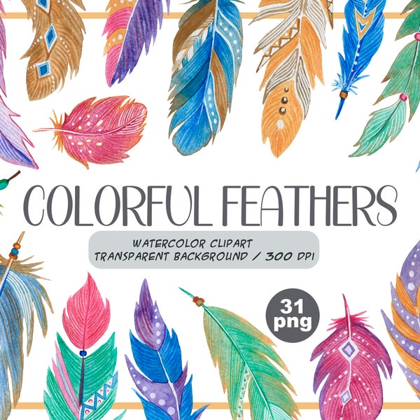 Watercolor colourful feathers clipart - boho pastel illustration PNG - feather digital art- boho graphics - oriental ornament-ethnic motives