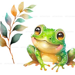 Watercolor cute baby frogs clipart-Realistic frog with flower-Baby Shower Graphics-Nursery Decor Wall Art-Woodland Animal-Amphibian portrait image 4