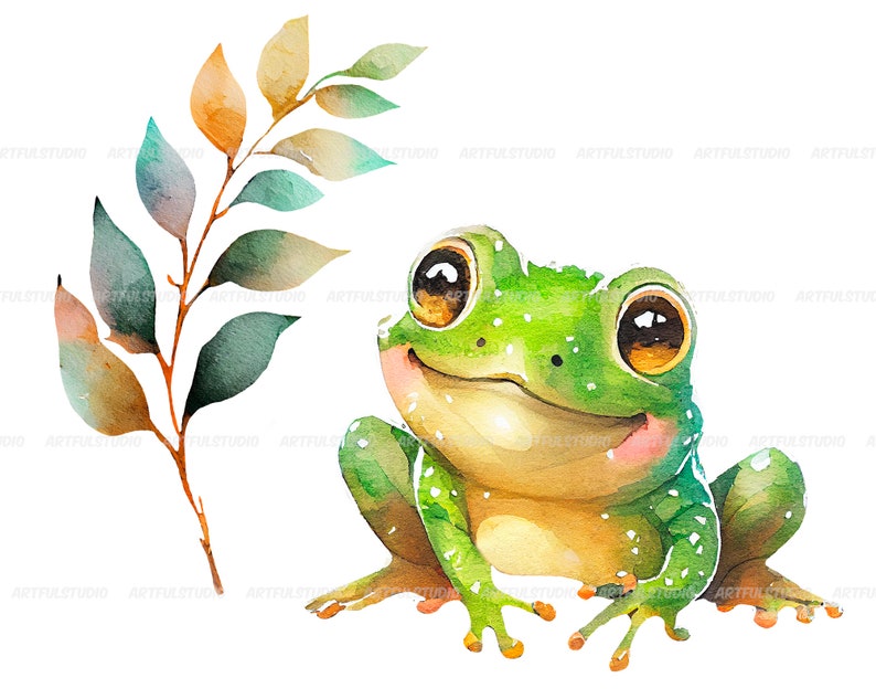 Watercolor cute baby frogs clipart-Realistic frog with flower-Baby Shower Graphics-Nursery Decor Wall Art-Woodland Animal-Amphibian portrait image 4