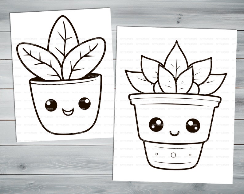 Anime kawaii plants PDF coloring book Printable colouring pages for little kids cartoon funny characters thick outlines houseplants image 5