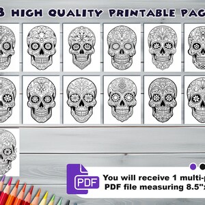 Calavera skull PDF coloring book Printable colouring pages for adults mexican traditions day of the dead halloween skull and flowers image 2