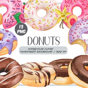 Watercolor donuts clipart sweets illustrations berry, chocolate donuts with glaze festive food, desserts, pastries-doughnut sublimation image 1