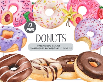 Watercolor donuts clipart - sweets illustrations - berry, chocolate donuts with glaze -festive food, desserts, pastries-doughnut sublimation