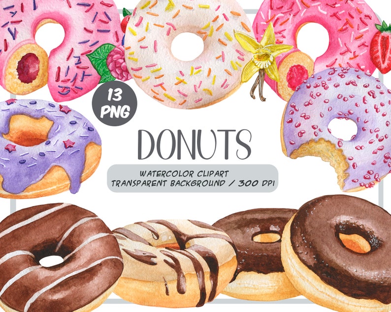 Watercolor donuts clipart sweets illustrations berry, chocolate donuts with glaze festive food, desserts, pastries-doughnut sublimation image 1