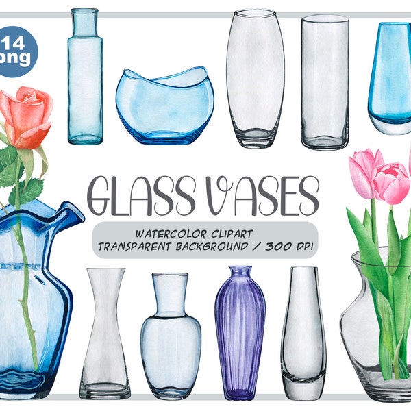 Watercolor glass vases clipart-hand painted Flower vases PNG-Spring farmhouse-blue glass bottle-vase for flowers-home decor-Instant Download