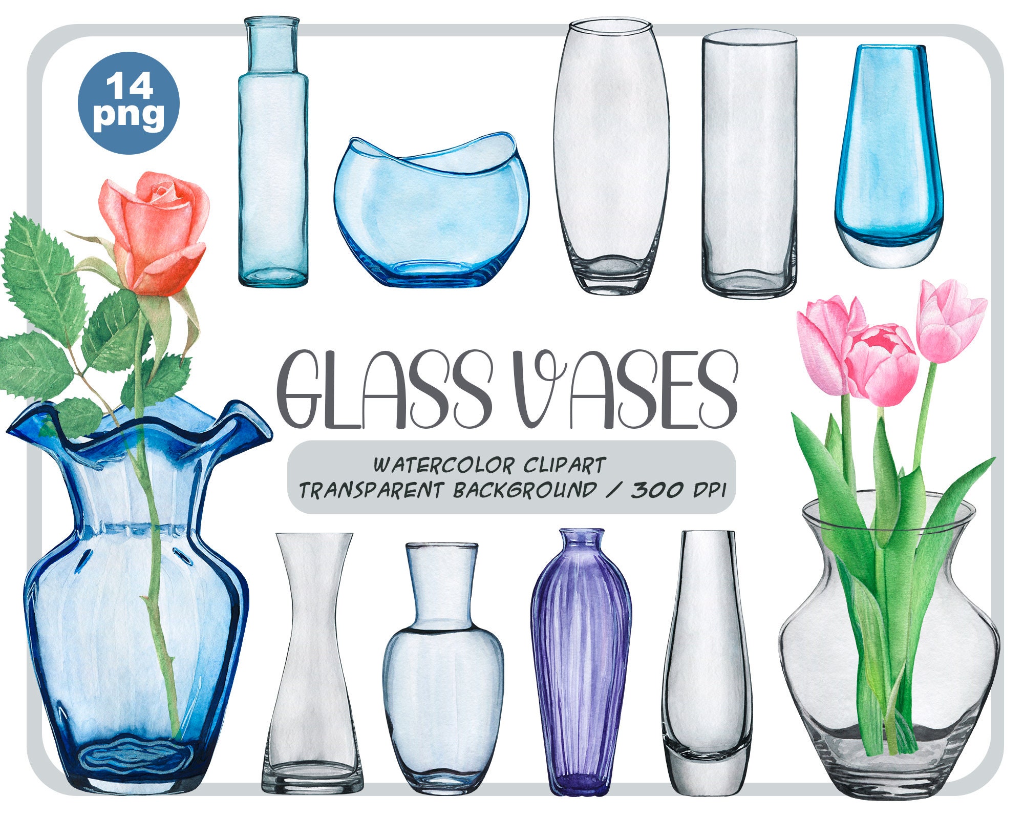 Watercolor Glass Vases Clipart-hand Painted Flower Vases Png-spring  Farmhouse-blue Glass Bottle-vase for Flowers-home Decor-instant Download 