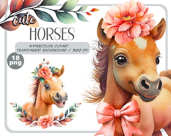 Watercolor Baby Horse Clipart: Floral Nursery Art (PNG Digital Download)