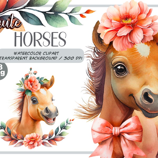 Watercolor cute baby horses clipart-Realistic horse fox with flower-Baby Shower Graphics-Nursery Decor Wall Art-Farm Animal-pet portrait