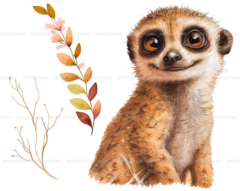 Watercolor cute baby meerkats clipart-Realistic meerkat with flower-Baby Shower Graphics-Nursery Decor Wall Art-African Animal's portrait image 5