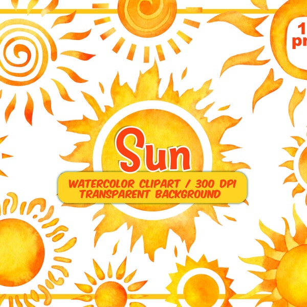 Watercolor sun clipart - bright suns PNG illustrations - weather digital art - vacation greeting card-Summer graphics-yellow orange warm sun