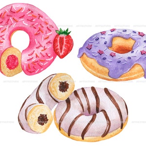 Watercolor donuts clipart sweets illustrations berry, chocolate donuts with glaze festive food, desserts, pastries-doughnut sublimation image 7