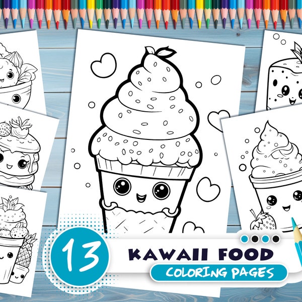 Libro para colorear PDF de comida kawaii - Páginas para colorear imprimibles para niños - Postres de dibujos animados, dulces - contornos gruesos - para la creatividad de los niños