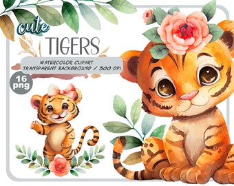 Watercolor cute baby tigers clipart - Realistic tiger with flower - Baby Shower Graphics - Nursery Decor - wild cats - African illustration