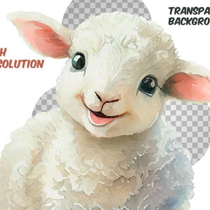 May include: A watercolor painting of a white lamb with pink ears and a happy expression. The lamb is looking directly at the viewer.
