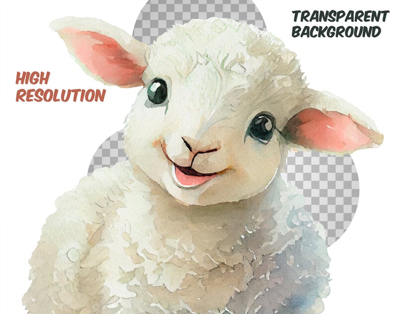 May include: A watercolor painting of a white lamb with pink ears and a happy expression. The lamb is looking directly at the viewer.