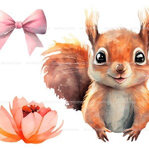 Watercolor cute baby squirrels clipart-Realistic squirrel with flower-Baby Shower Graphics-Nursery Decor Wall Art-Woodland Animal-pet png image 9