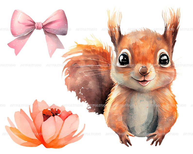 Watercolor cute baby squirrels clipart-Realistic squirrel with flower-Baby Shower Graphics-Nursery Decor Wall Art-Woodland Animal-pet png image 9