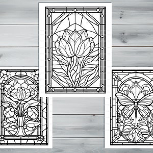 Stained glass PDF coloring book Printable colouring pages for adults colorful glass, mosaic pattern stained-glass window for coloring image 4