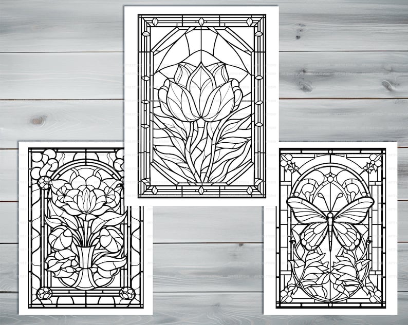 Stained glass PDF coloring book Printable colouring pages for adults colorful glass, mosaic pattern stained-glass window for coloring image 4