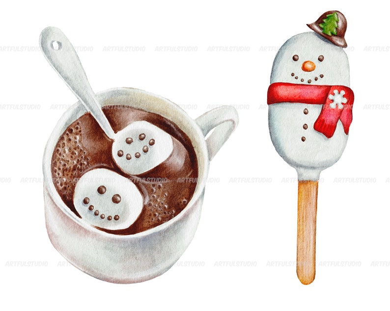 Watercolor Christmas sweets clipart snowman holiday food winter sweet, desserts, hot chocolate, cupcakes, candy, cookies sublimation image 4